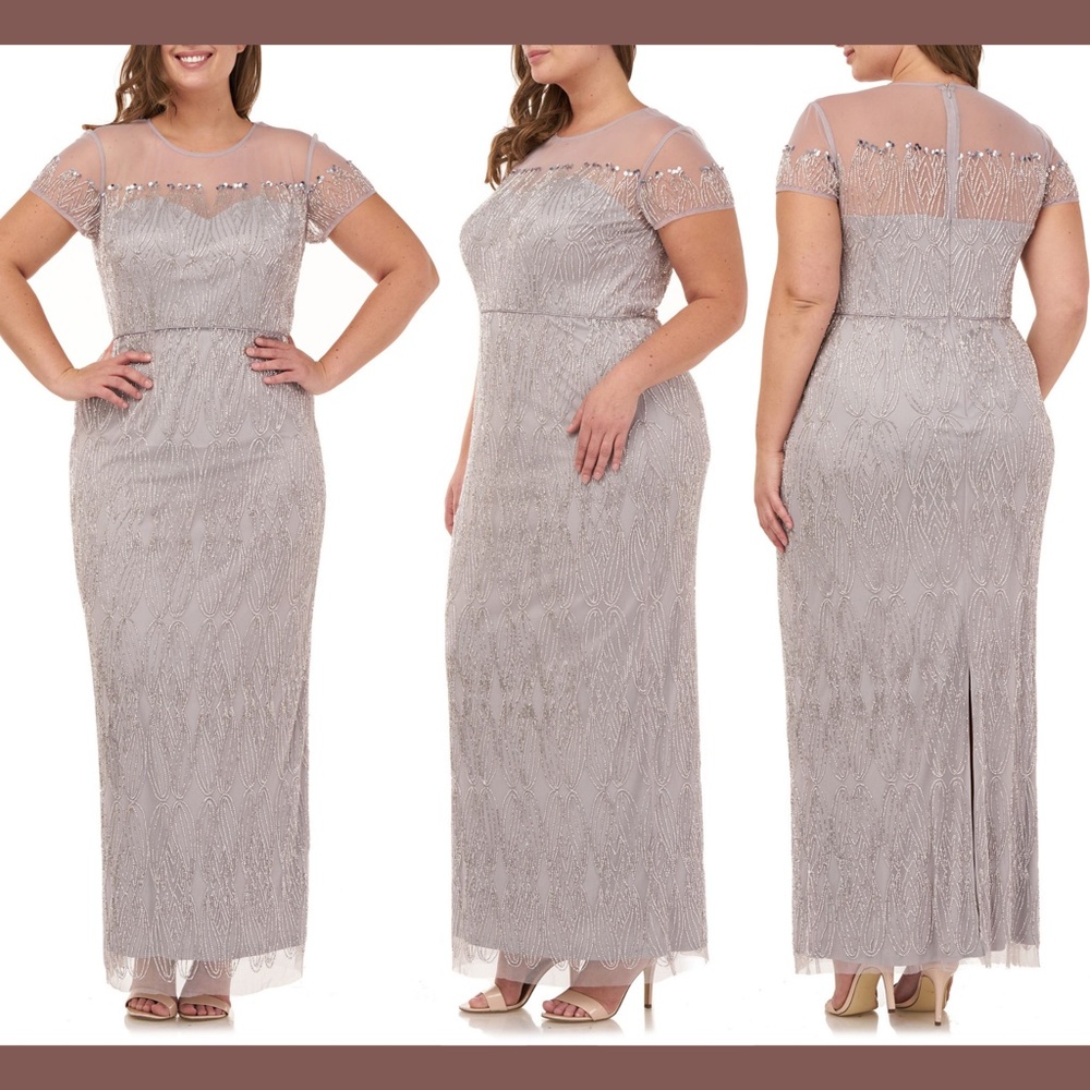 New $450 Js Collections [ 16 ] Illusion Yoke Beaded Column Gown In Silver #Q149